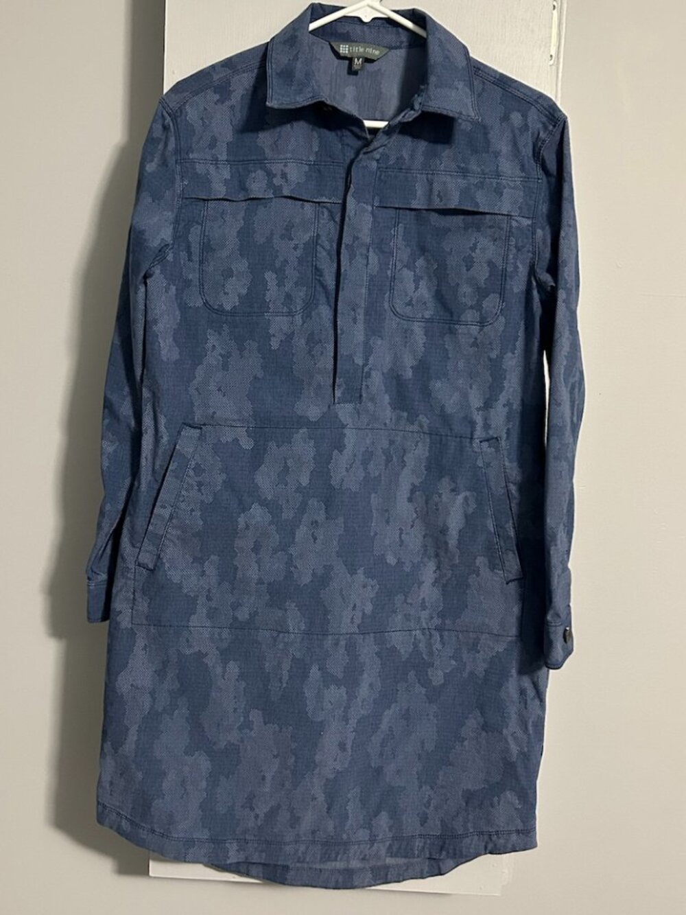 Title Nine Wren Pullover Camo Mini Utility Shirt Dress Blue Miku Women's M